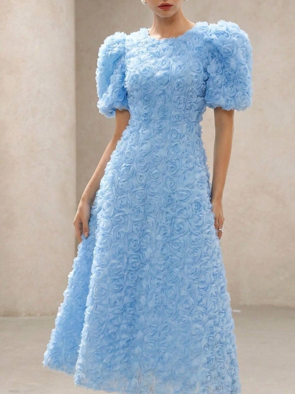 Blue Elegant Women's French Rose 3D V-Neck Petal Sleeve Cinched Waist Dress - Picture 3 of 6